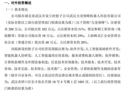 力龙信息拟在湖北省武汉市设立控股子公司力龙领峰其中公司拟出资102万